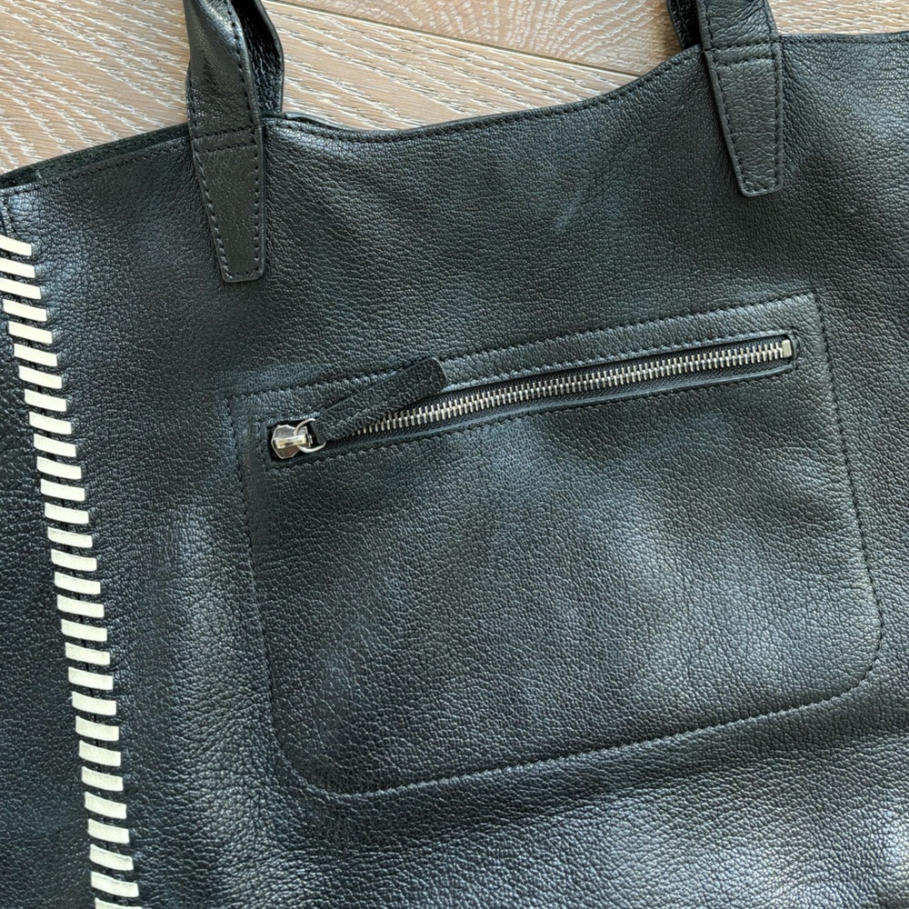 Unique Black Leather Tote Bag with White Whipstitch & Tassel Accent - Picture 4 of 6